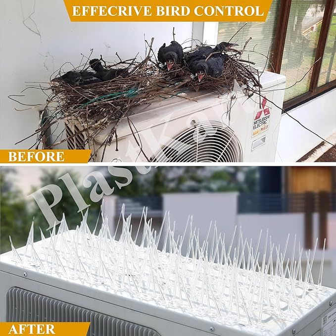 Bird spike frame fitted on AC outdoor unit in Mangalore apartment — custom stainless steel spike structure preventing pigeon nesting on HVAC equipment