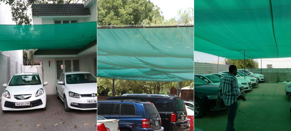 HDPE shade net installed over residential terrace in Kankanady Mangalore — green 50 percent shade cloth with GI pipe frame creating cool outdoor living space