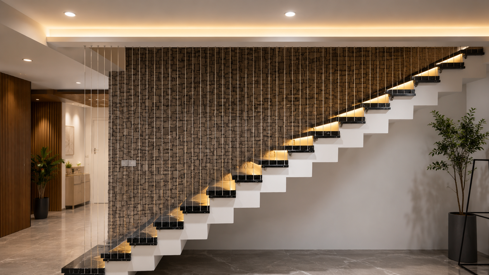 Dramatic angle shot of duplex staircase cable system in independent house in Hampankatta AndraPradesh — full height cable railing visible