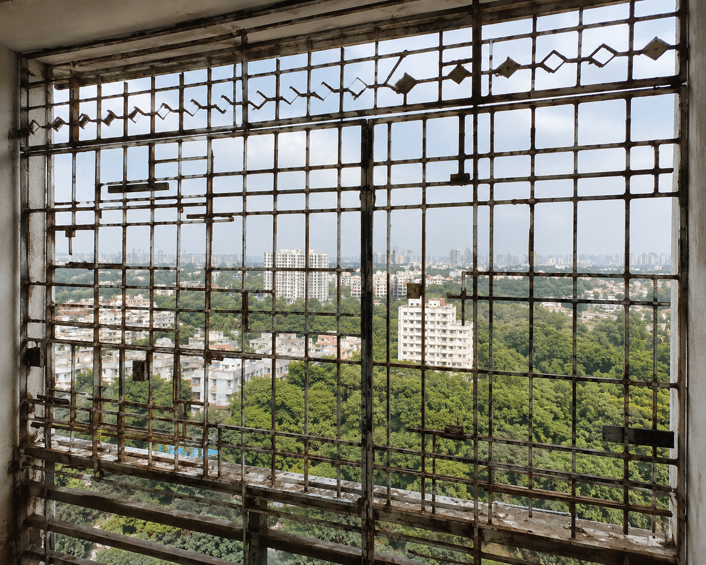 Apartment balcony with old rusty iron grills — view blocked, dark cage-like appearance, paint peeling from rust damage