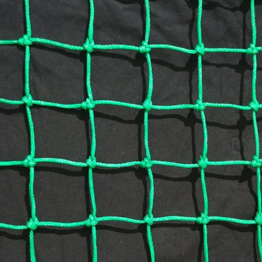 Close-up of knotted nylon cricket net mesh showing the tight knot pattern and 40mm mesh size — high tensile nylon thread for heavy cricket shots