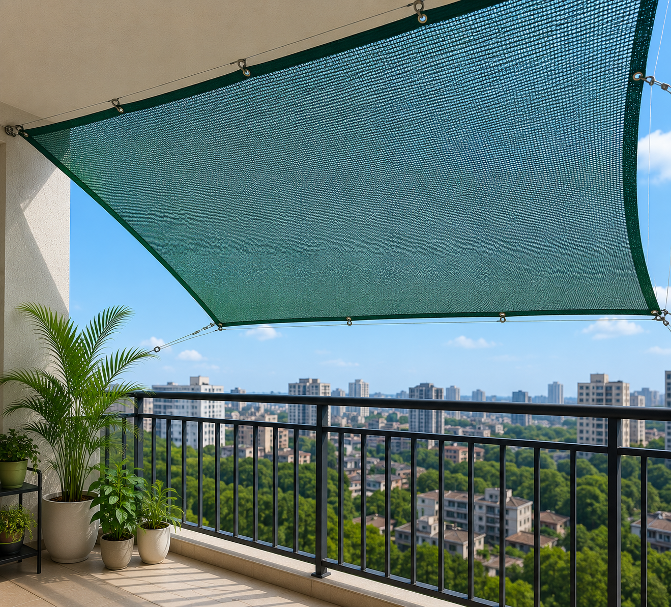 Shade net installed over apartment terrace garden in Udupi — black 35 percent HDPE shade cloth with wire frame over rooftop garden space