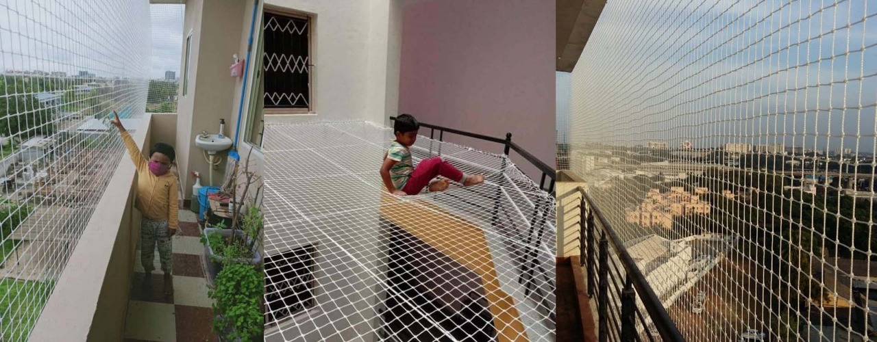 Nithya Enterprise professional installation team at work on apartment building in Andrapradesh — safety net and invisible grill installations in progress